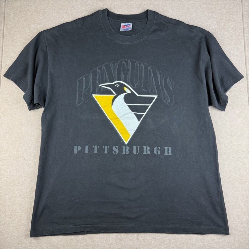 Vintage Pittsburgh Penguins Shirt Men XL Black NHL Robo Logo Single Stitch Hanes